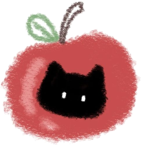 Hand-drawn black cat peeking out of a red apple