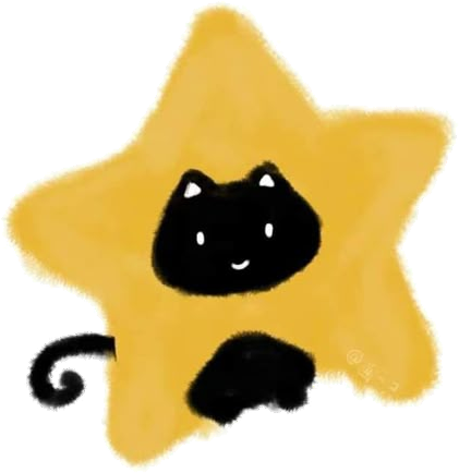 A hand-drawn black cat sitting in a big yellow star