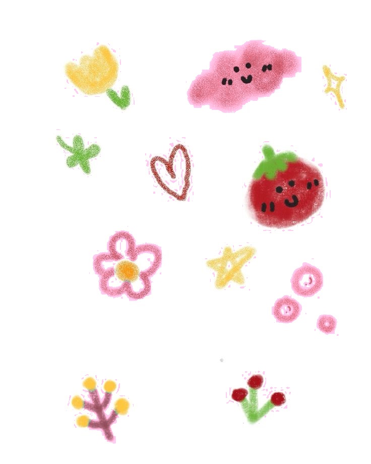 Sheet of hand-drawn stickers — flowers, hearts, a strawberry and a smiling cloud
