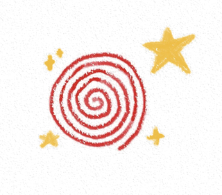 Small crayon drawing of a red spiral surrounded by yellow stars