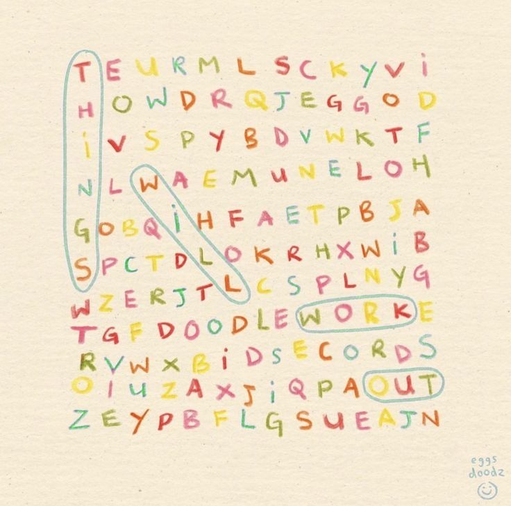 Hand-drawn notebook page covered in colorful letters and doodles